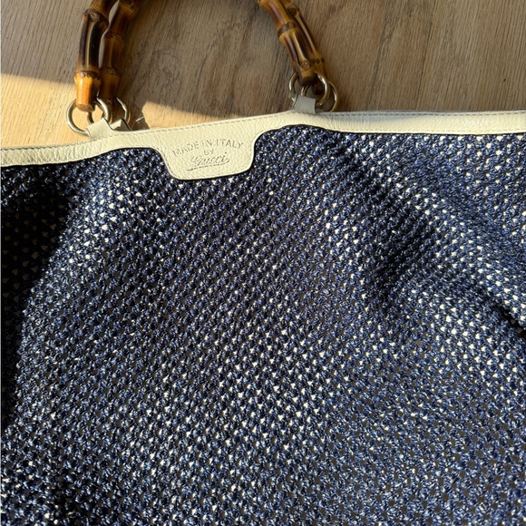 Gucci Raffia Bamboo Linen Leather Tote Bag Navy White - Picture 4 of 7